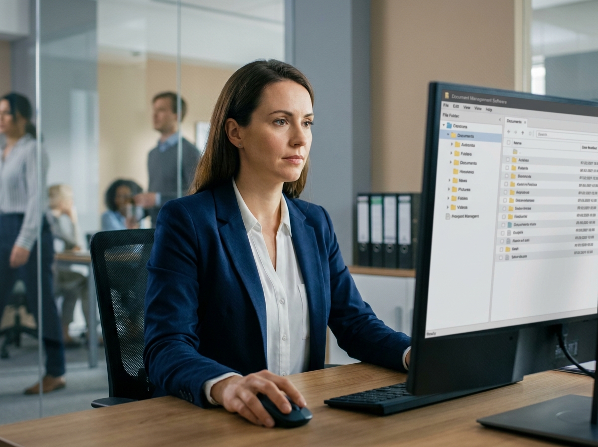 Femme professionnelle utilisant un logiciel de gestion électronique de documents (GED) dans un bureau moderne