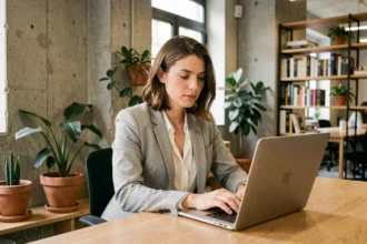 Femme indépendante travaillant dans un espace de coworking moderne à La Madeleine, assise devant son ordinateur portable dans un cadre contemporain