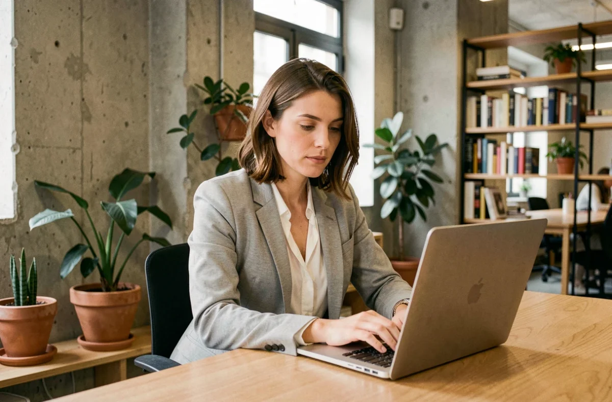 Femme indépendante travaillant dans un espace de coworking moderne à La Madeleine, assise devant son ordinateur portable dans un cadre contemporain