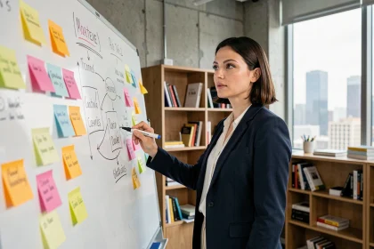 Une femme d'affaires explique les 10P du marketing sur un tableau blanc couvert de notes et de schémas dans un bureau moderne