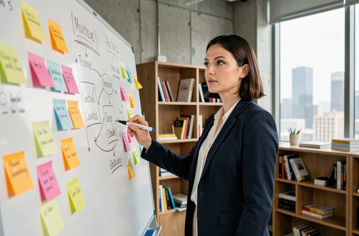 Une femme d'affaires explique les 10P du marketing sur un tableau blanc couvert de notes et de schémas dans un bureau moderne