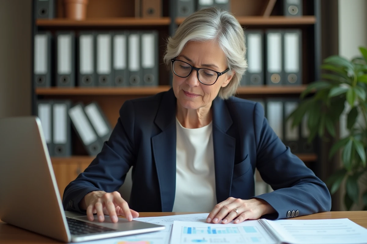 Femme consultant des documents de nomenclature INSEE dans un bureau administratif