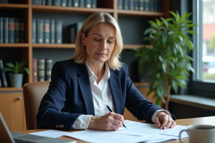 Femme notaire en blazer marine consultant des offres d'emploi imprimées dans un bureau juridique professionnel avec étagères de classeurs