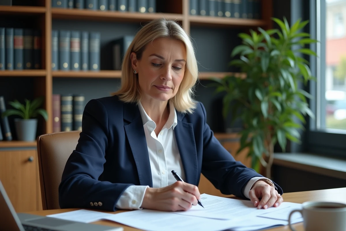 Femme notaire en blazer marine consultant des offres d'emploi imprimées dans un bureau juridique professionnel avec étagères de classeurs