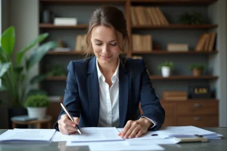 Femme professionnelle en blazer bleu examinant des documents juridiques