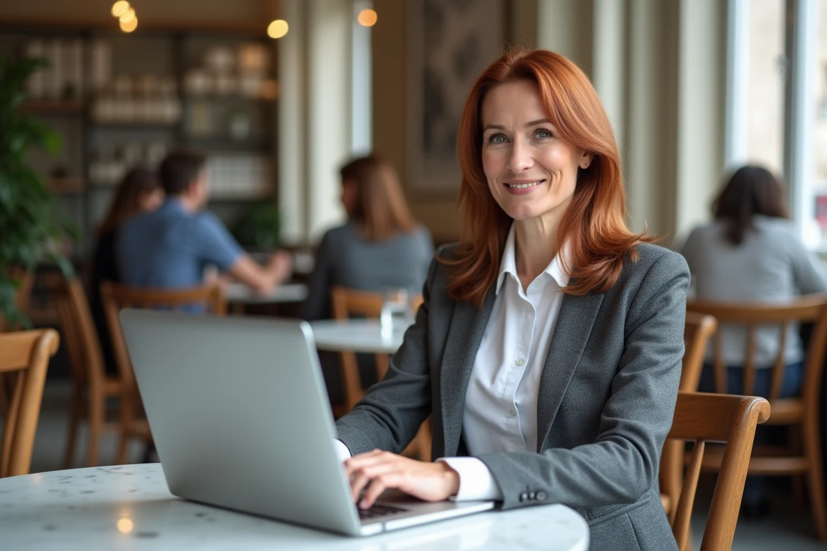 Femme professionnelle utilisant un site web de services en ligne dans un café parisien