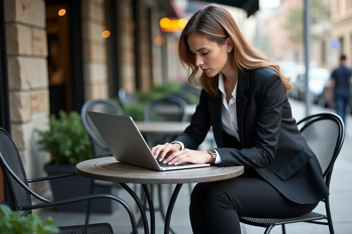 Jeune femme en ext&eacute;rieur recherchant sur son ordinateur portable