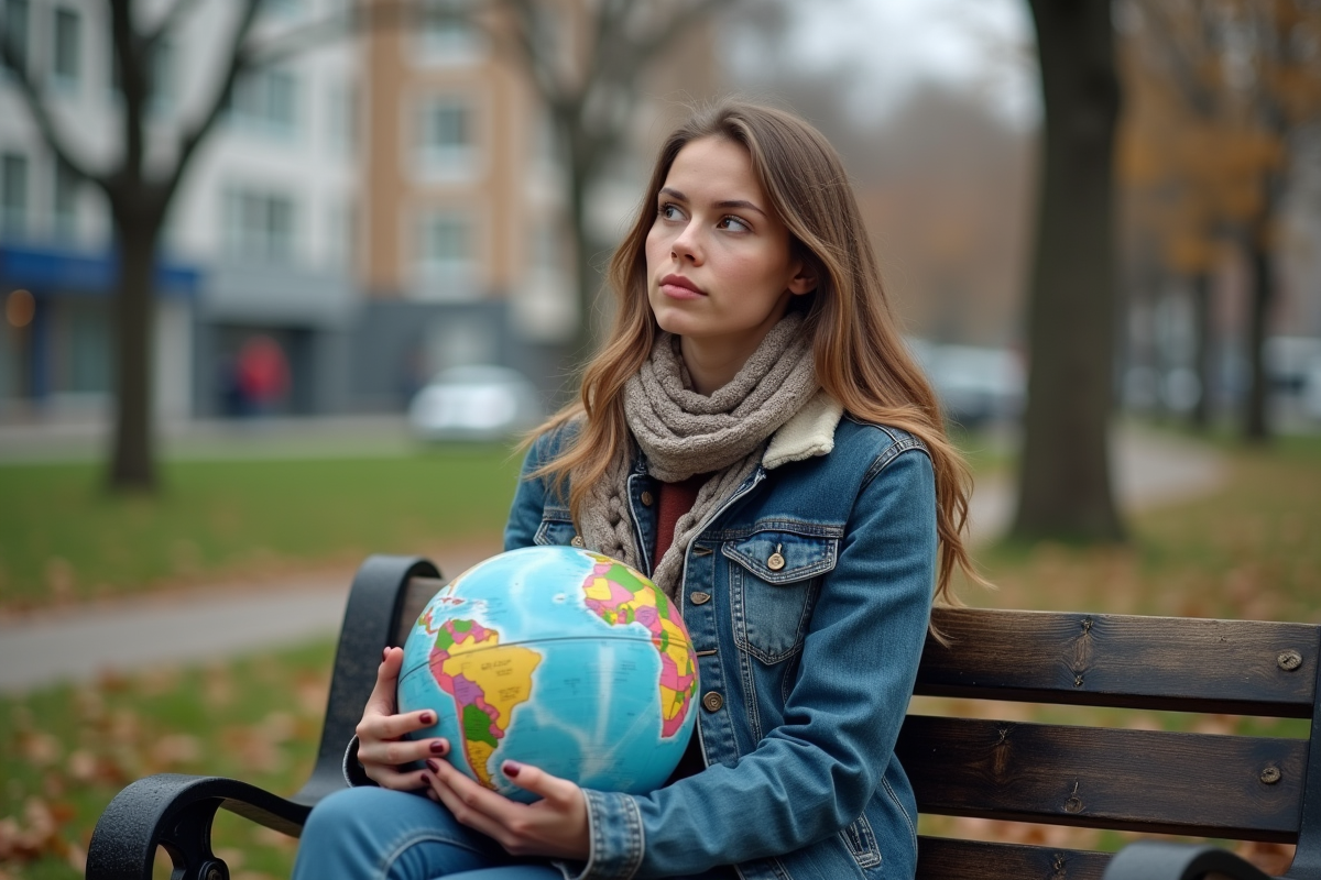 Jeune femme avec un globe dans un parc urbain