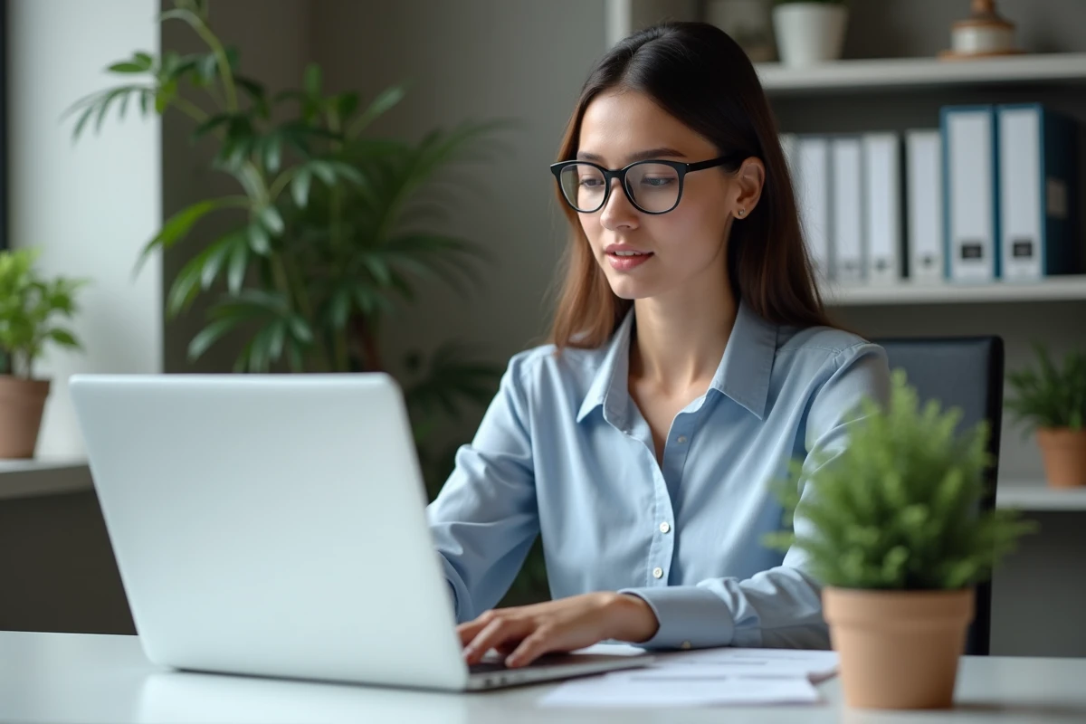 Jeune femme RH examinant des fiches de paie sur son ordinateur