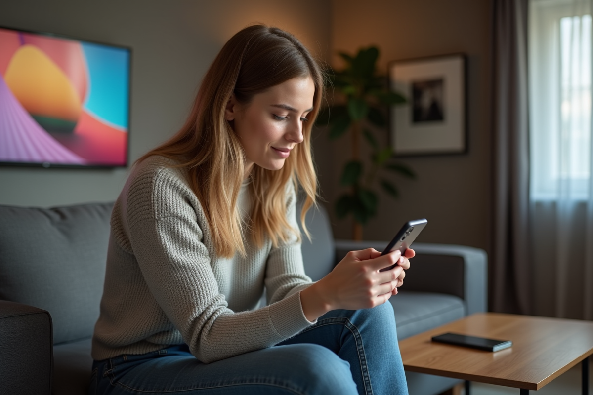 Femme assise sur un canapé en train de regarder son smartphone