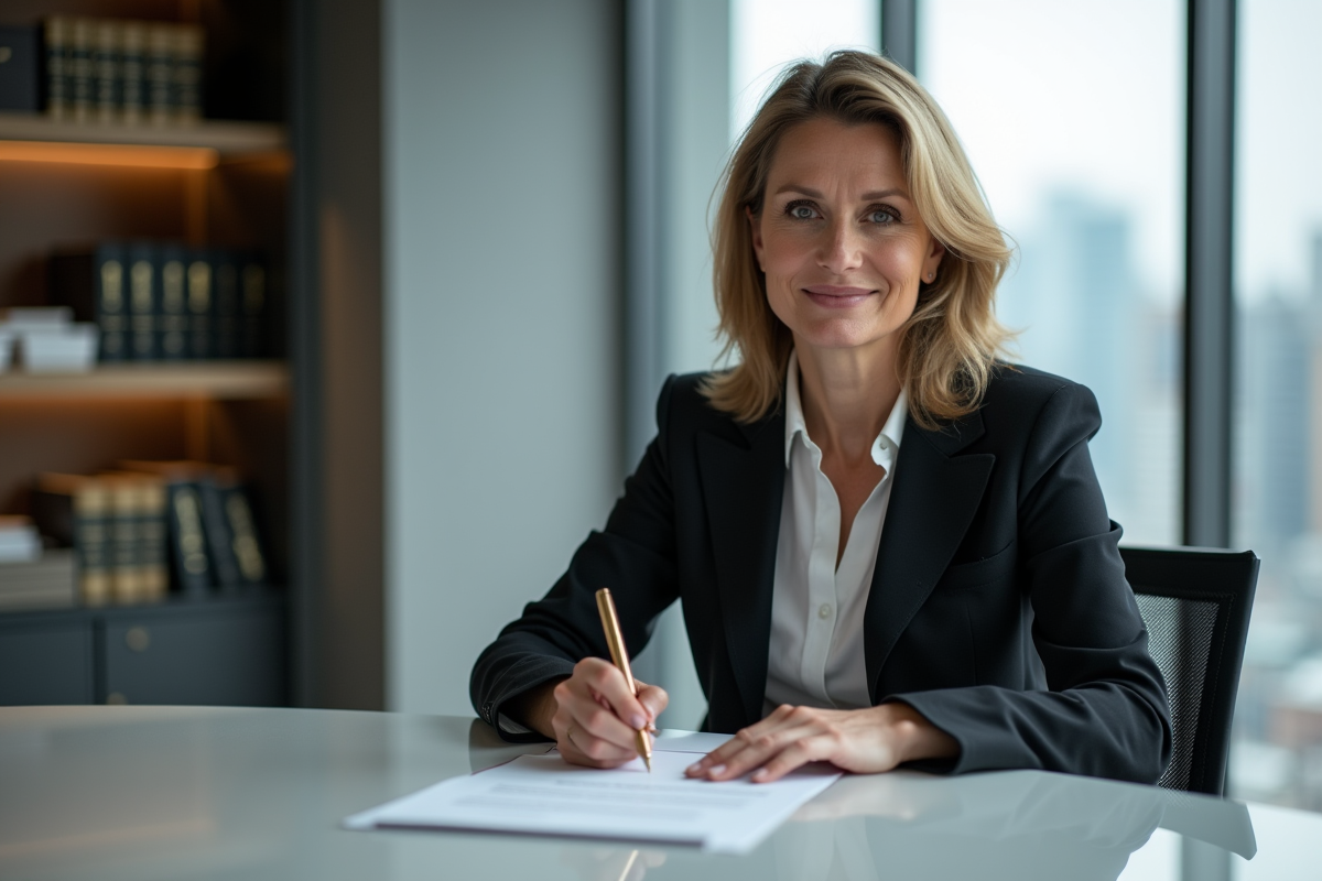 Femme d'âge moyen signant un document juridique dans un bureau professionnel