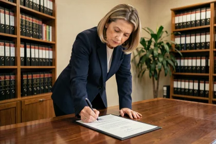 Femme professionnelle signant un contrat par procuration dans un bureau juridique avec la mention p/o