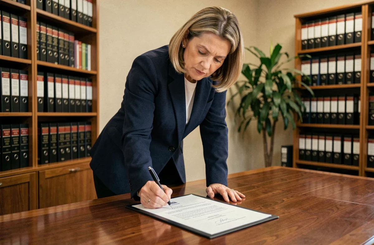 Femme professionnelle signant un contrat par procuration dans un bureau juridique avec la mention p/o