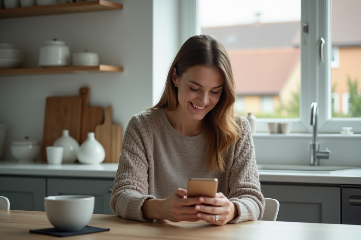 Femme souriante utilisant son smartphone dans une cuisine moderne