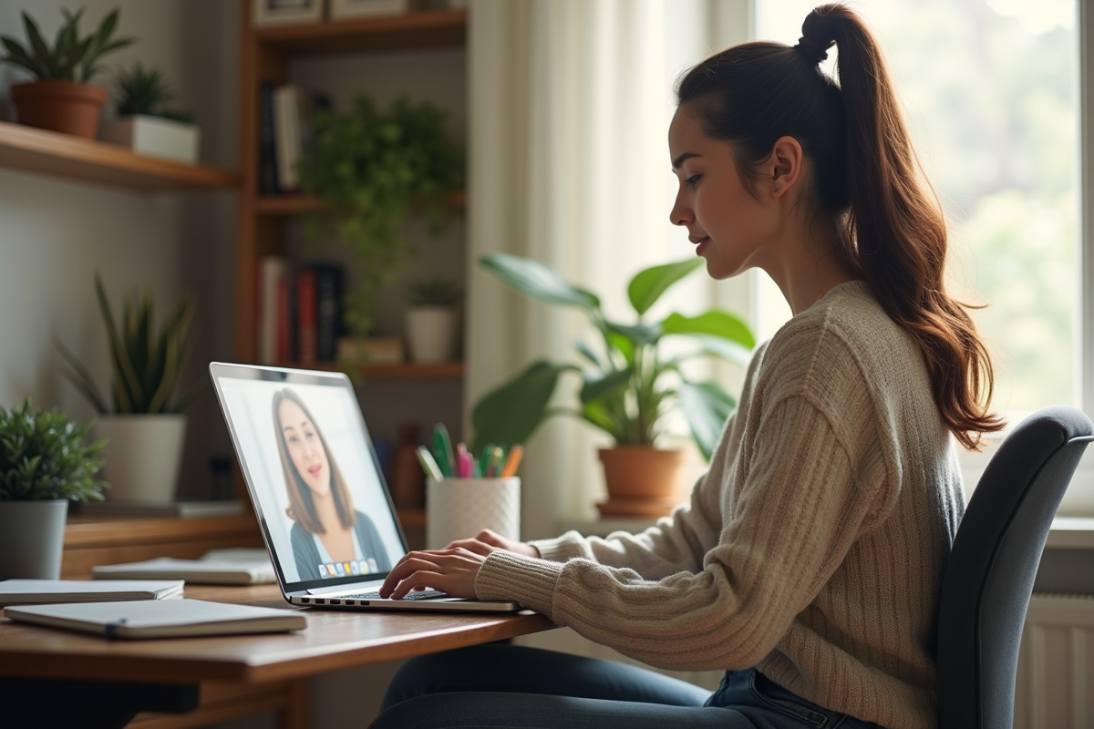 Femme concentrée lors d'une réunion en home office