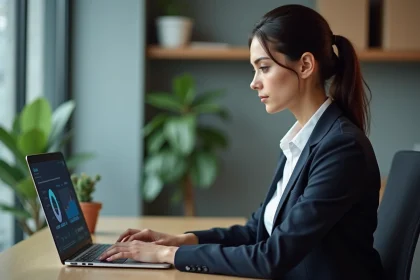 Femme concentrée travaillant sur un ordinateur dans un bureau moderne