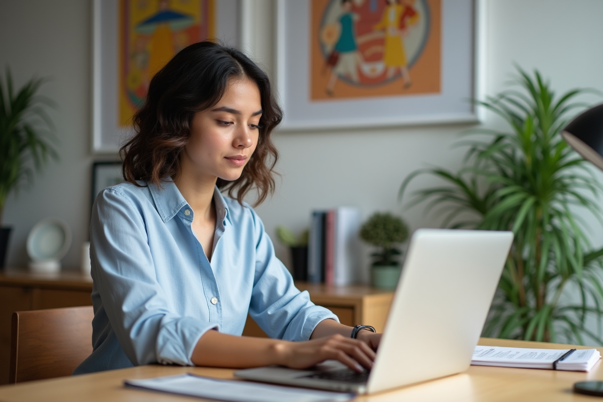Jeune femme au travail sur une plateforme d'art en ligne