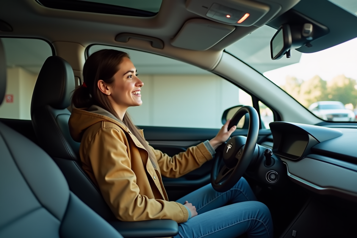 Femme dans sa voiture électrique en intérieur