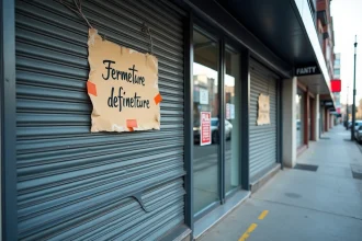 Devanture fermée d'un magasin de grande surface avec rideau métallique baissé et affiche de fermeture définitive dans une zone commerciale française