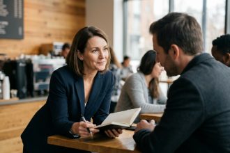 Une cheffe d'entreprise en pleine conversation attentive avec un client fidèle dans un café moderne, illustrant l'importance de la fidélisation client