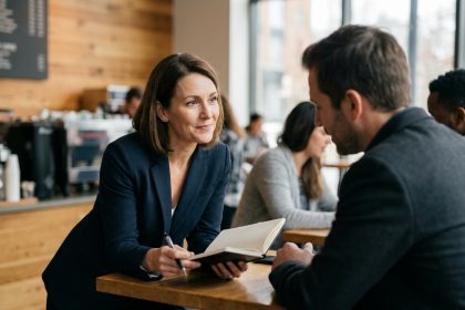 Une cheffe d'entreprise en pleine conversation attentive avec un client fidèle dans un café moderne, illustrant l'importance de la fidélisation client