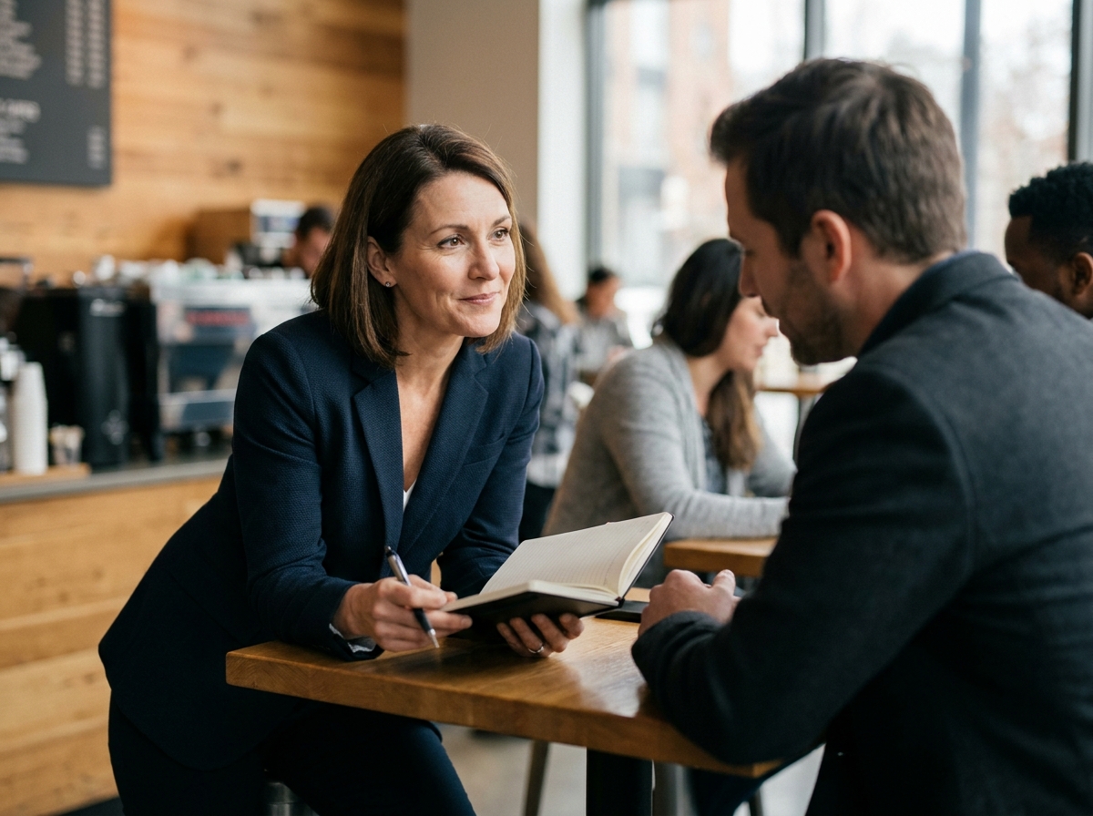 Une cheffe d'entreprise en pleine conversation attentive avec un client fidèle dans un café moderne, illustrant l'importance de la fidélisation client