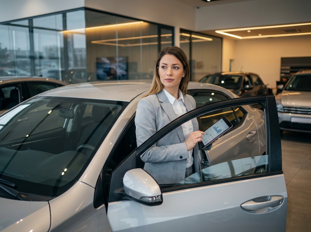 Femme en concession automobile comparant les options de financement leasing, crédit et location longue durée sur une tablette numérique