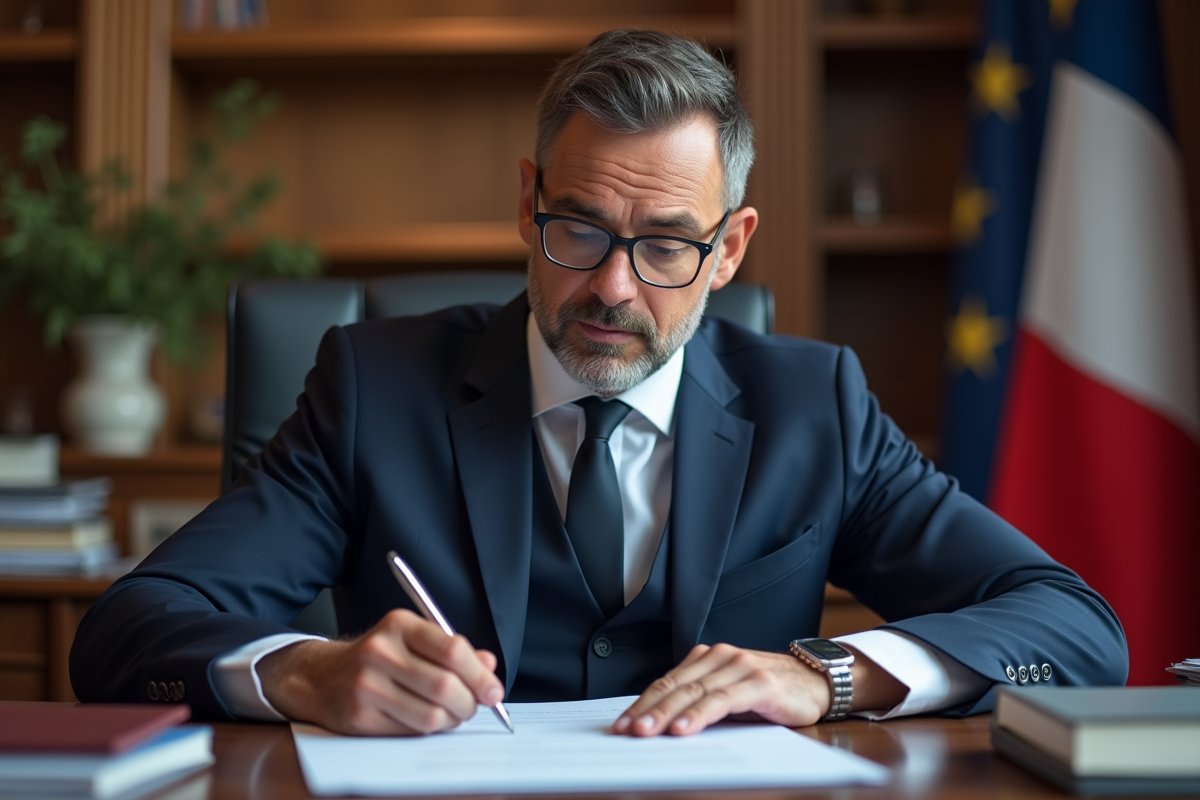 Homme officiel en costume bleu lisant des documents officiels