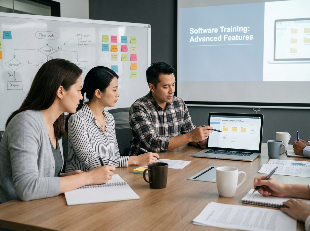Groupe de professionnels en formation sur un outil de centralisation et de gestion documentaire en entreprise