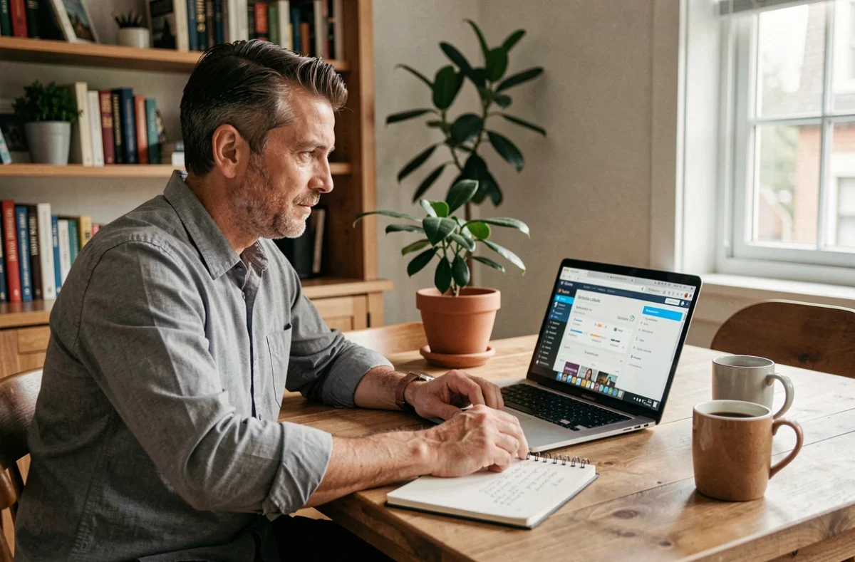 Homme consultant des offres de portage salarial sur ordinateur portable depuis son domicile