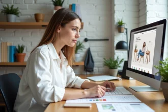 Freelance designer féminine travaillant sur des maquettes d'identité visuelle dans un studio épuré, illustrant l'investissement dans une image professionnelle