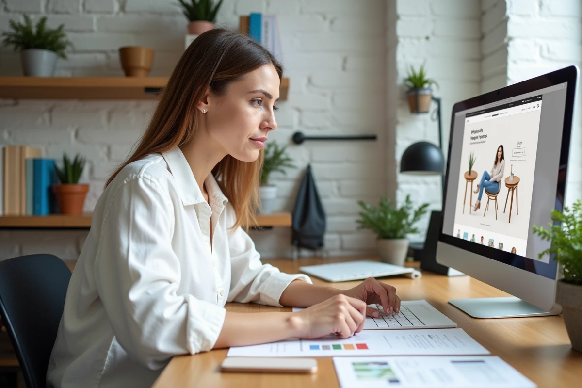 Freelance designer féminine travaillant sur des maquettes d'identité visuelle dans un studio épuré, illustrant l'investissement dans une image professionnelle