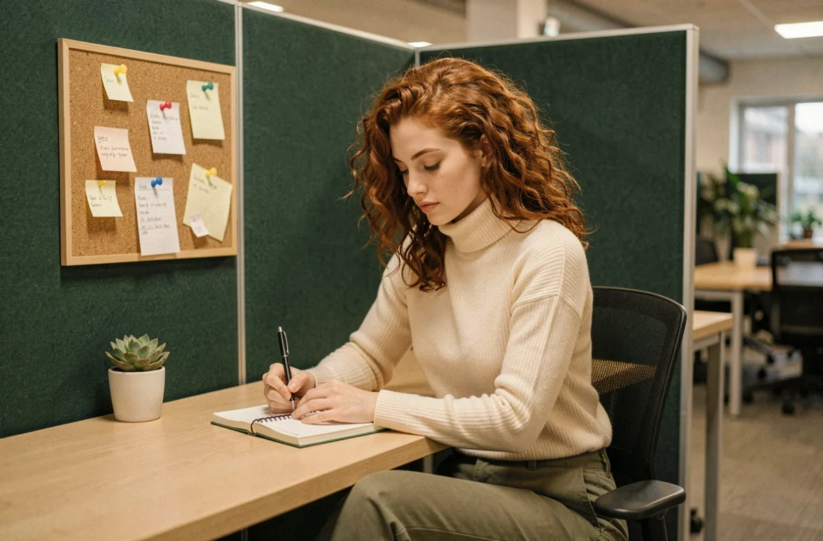 Jeune femme freelance concentrée dans un espace de travail privatif d'un coworking à Abbeville