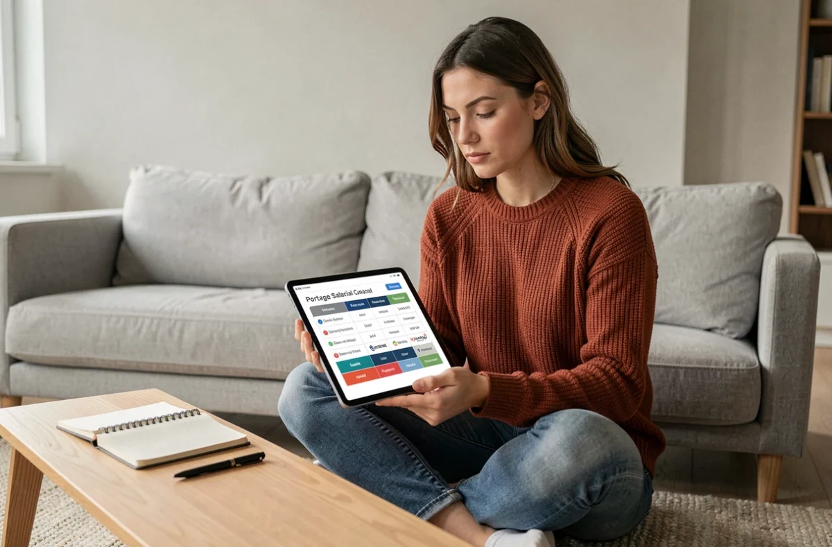 Jeune freelance comparant les entreprises de portage salarial sur tablette numérique