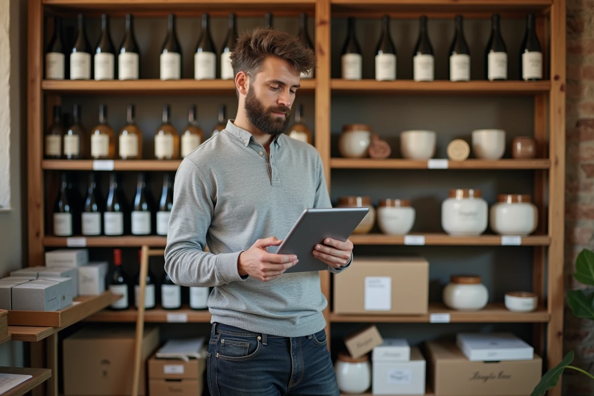Gérant d'une boutique e-commerce alsacienne consultant ses données SEO sur une tablette devant des produits locaux en rayon