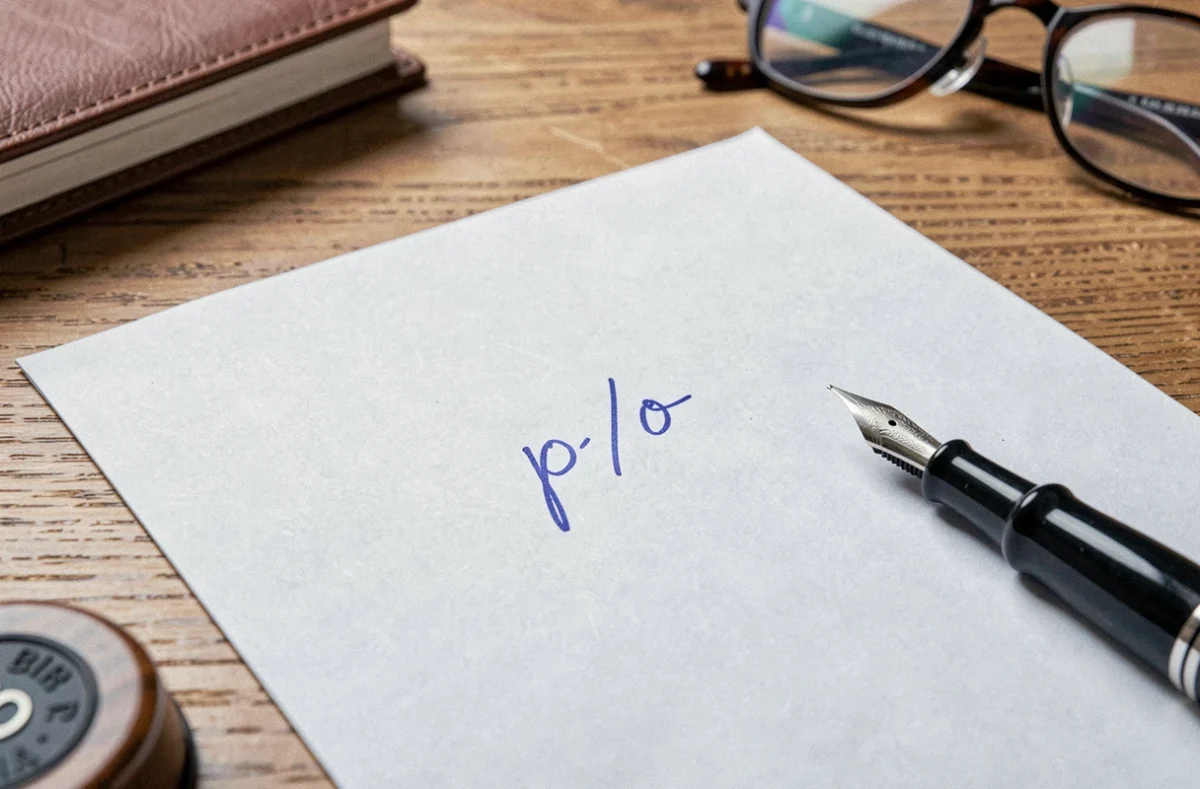 Gros plan d'une mention manuscrite p/o sur un contrat signé avec stylo plume et tampon d'entreprise