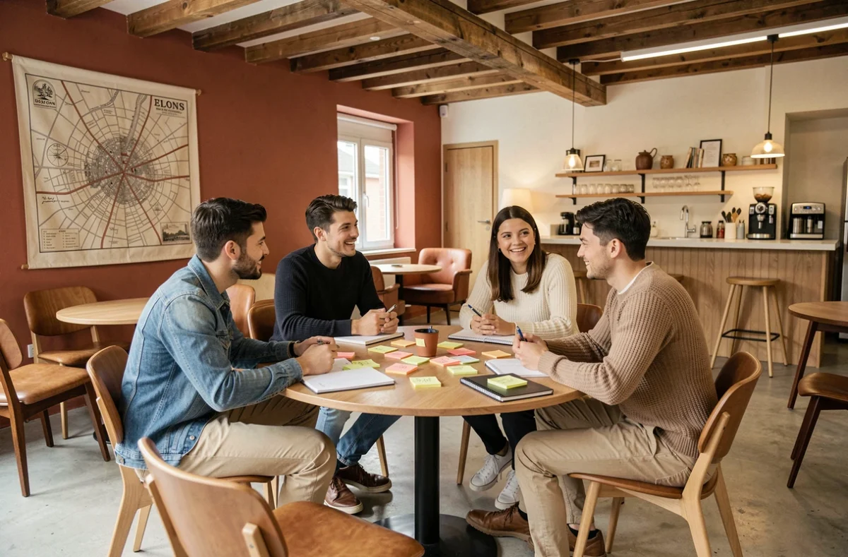 Groupe de professionnels en session de brainstorming dans un espace de coworking collaboratif à Dijon