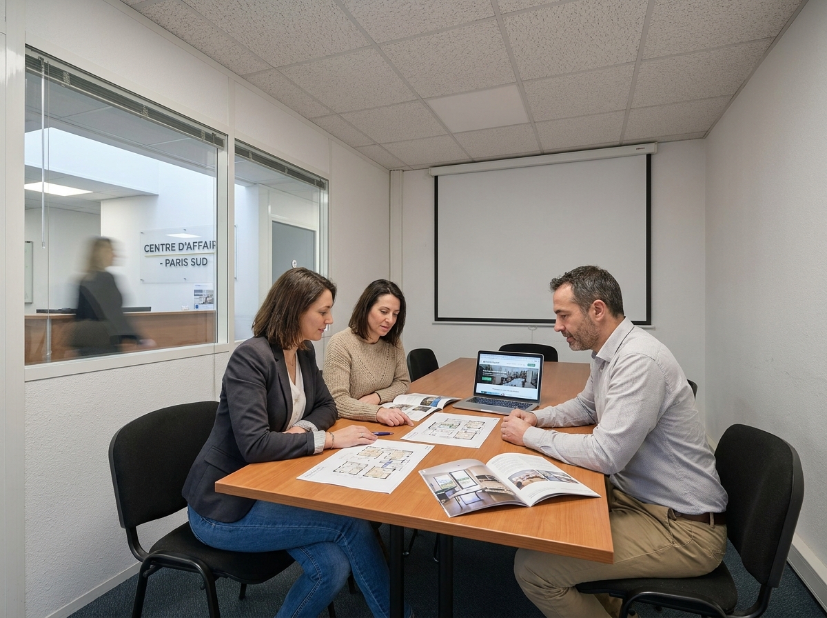 Groupe de professionnels comparant des salles à louer au nord de Paris autour d'une table