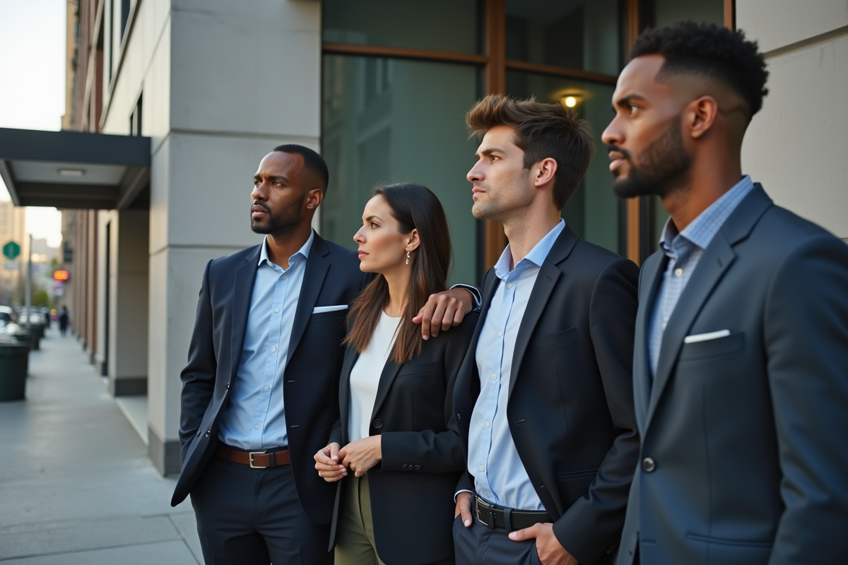 Groupe d employés devant un bâtiment fermé