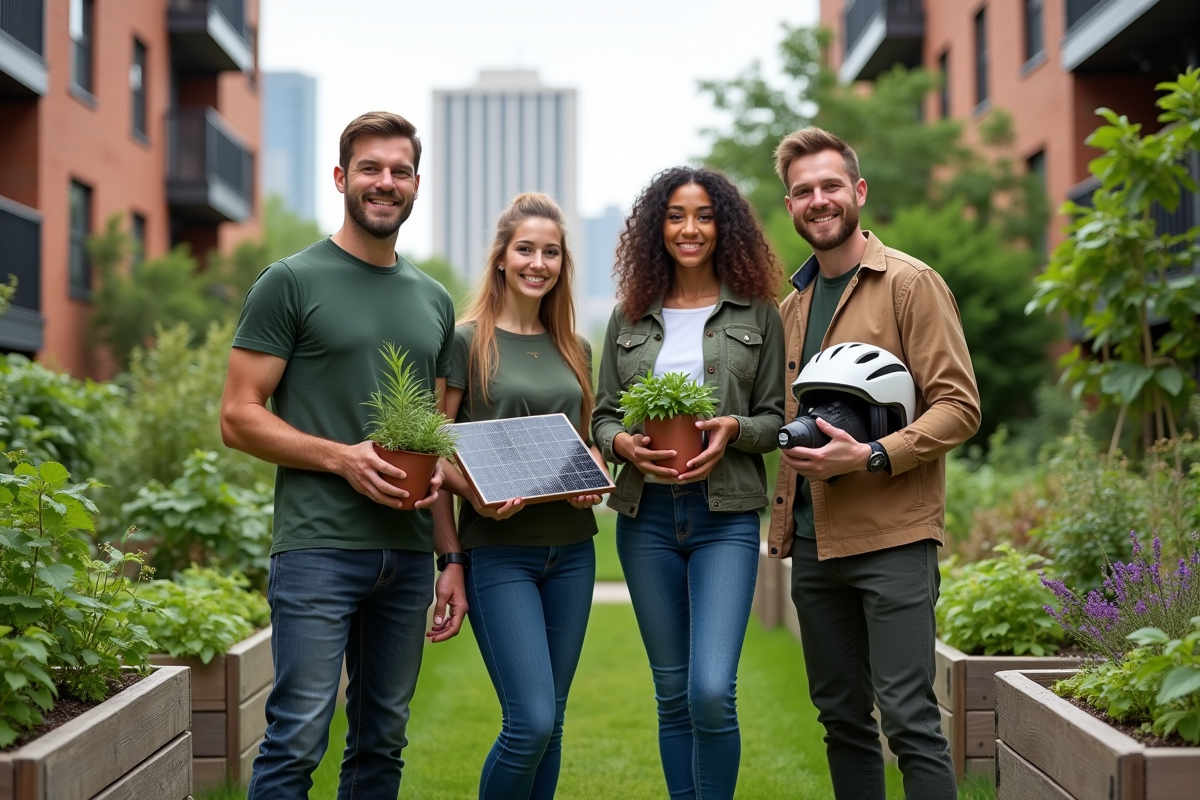 Quatre adultes dans un jardin urbain avec objets durables