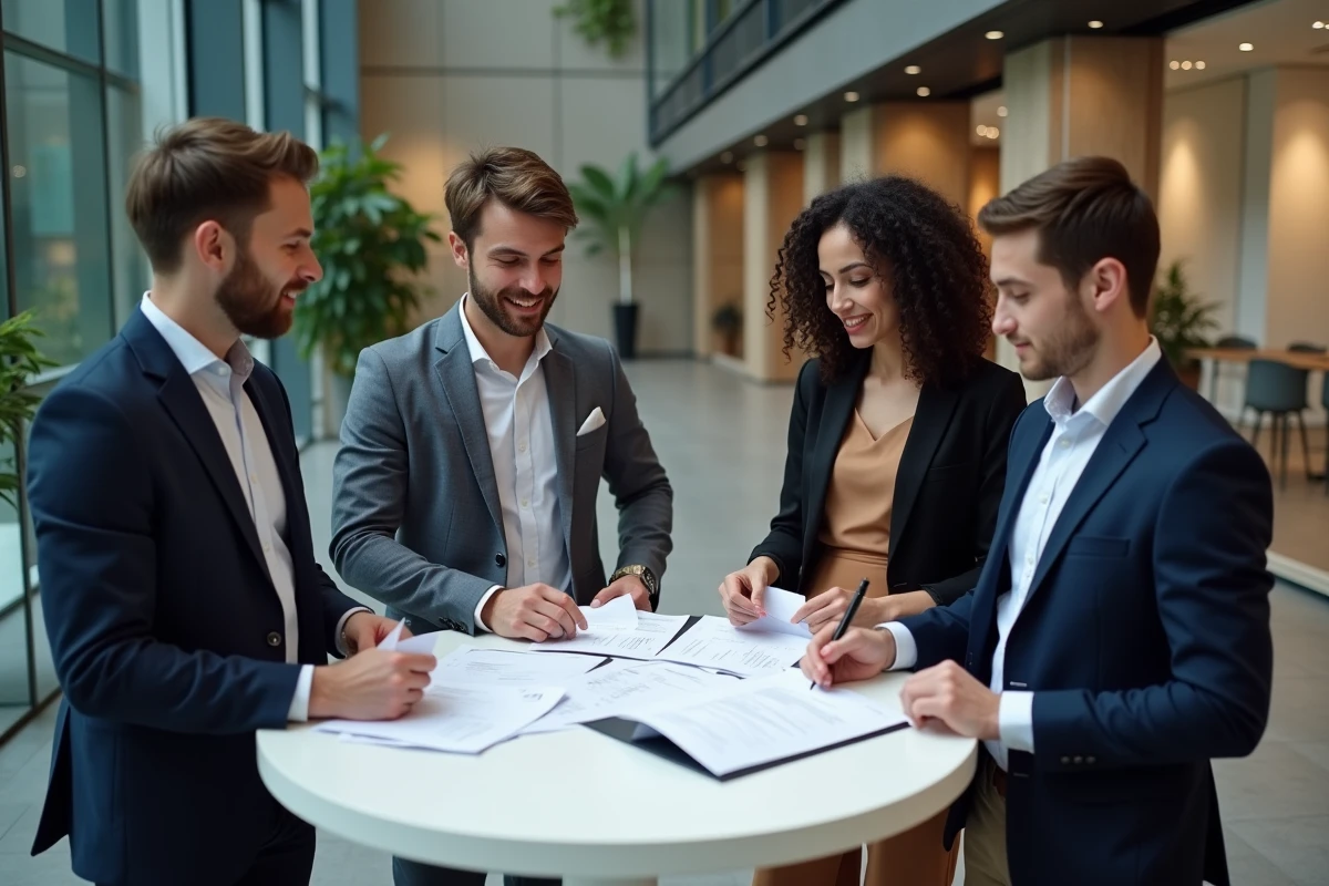 Groupe de jeunes professionnels échangeant des CVs lors d'un forum de recrutement en entreprise