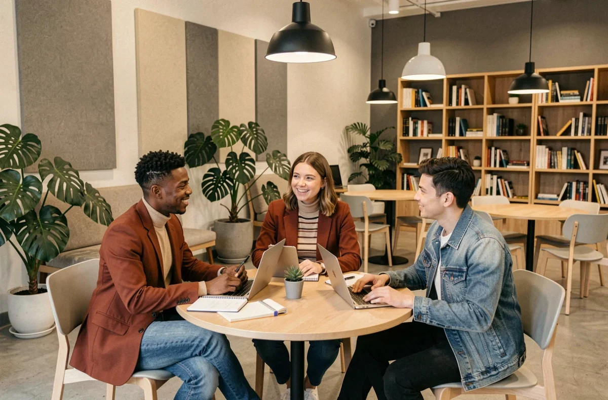 Groupe de professionnels en réunion informelle dans l'espace lounge d'un coworking à Wasquehal