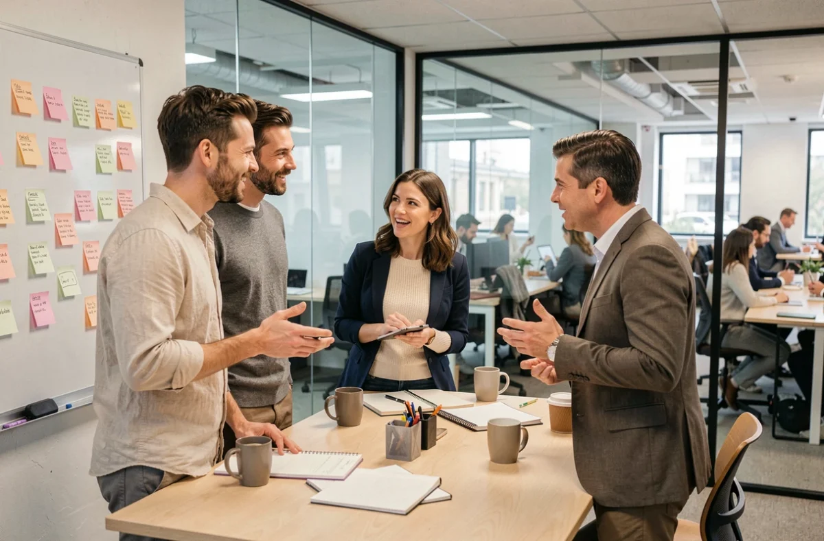 Groupe de professionnels en réunion debout dans un espace de coworking à La Madeleine, échangeant des idées autour d'une table haute