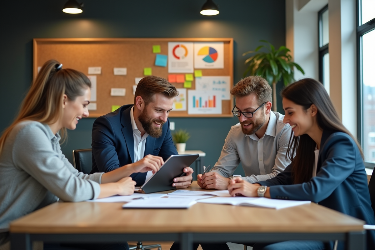 Groupe de professionnels en réunion autour d'une table moderne