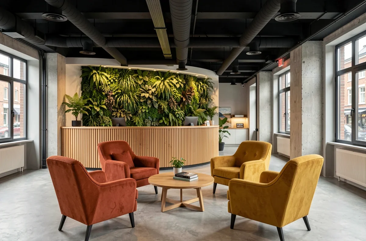 Hall d'accueil et espace lounge d'un espace de coworking moderne à La Madeleine, avec mur végétal et mobilier design contemporain