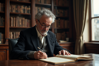 Historien &acirc;g&eacute; feuilletant un manuscrit juridique ancien dans un bureau classique