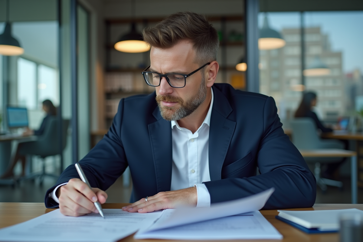 Homme d'affaires en costume bleu examinant des documents d'audit