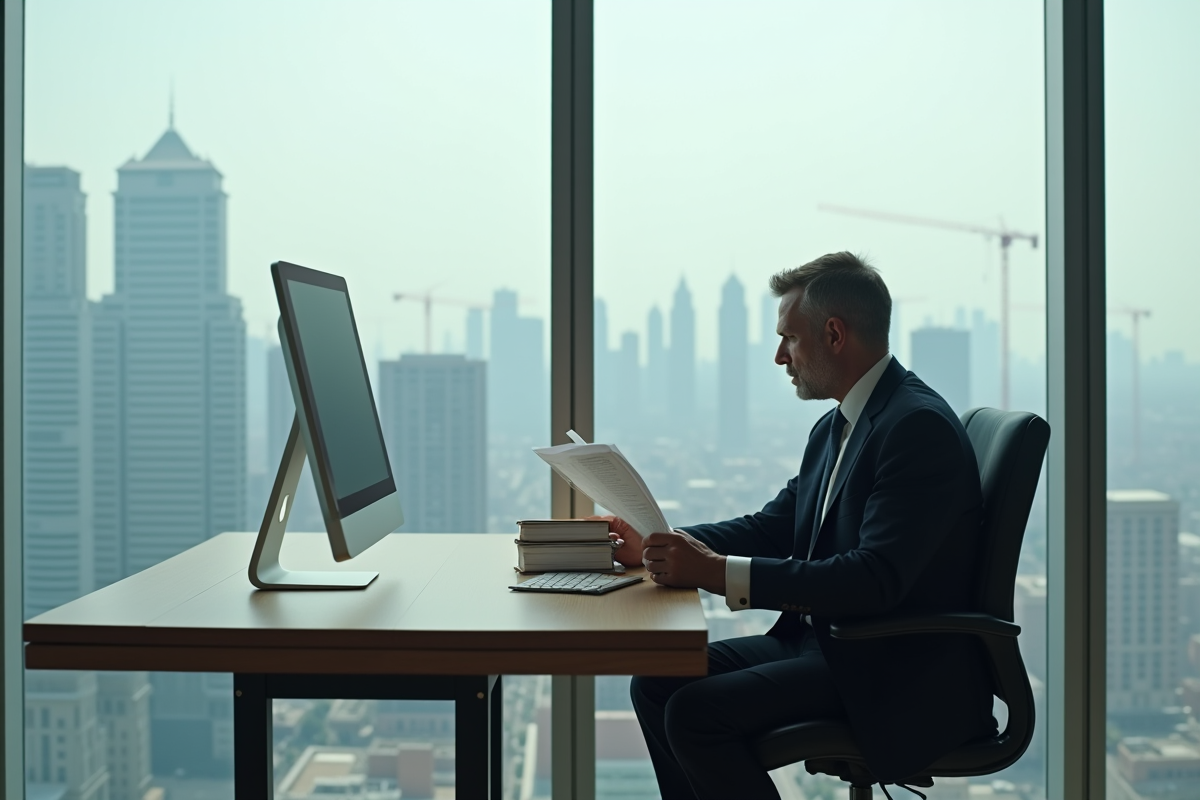 Homme d'affaires pensif dans un bureau moderne avec vue urbaine