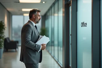 Homme d'affaires en costume gris tenant des documents dans un bureau moderne
