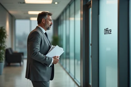 Homme d'affaires en costume gris tenant des documents dans un bureau moderne